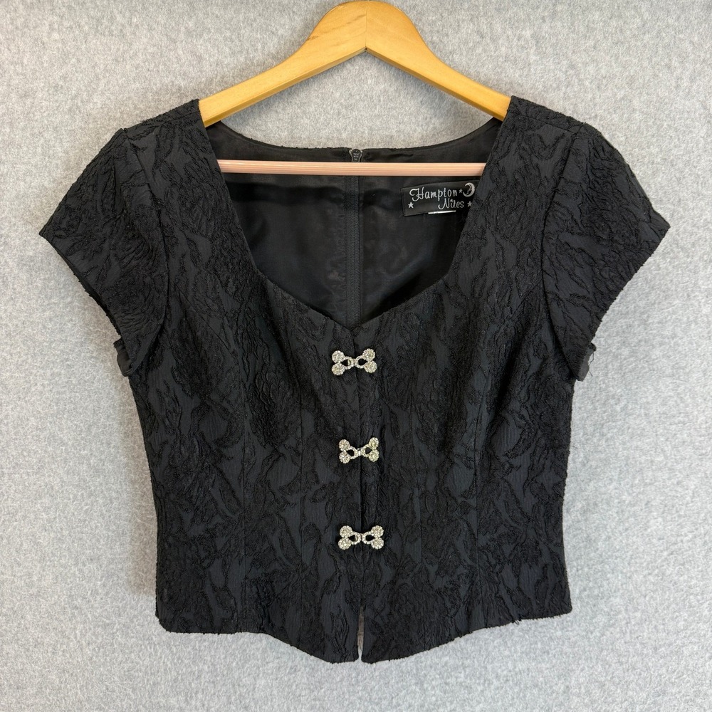 Hampton Nites Vintage 90s Black Lace Silver Brocade Rhinestone Cap Sleeve Blouse